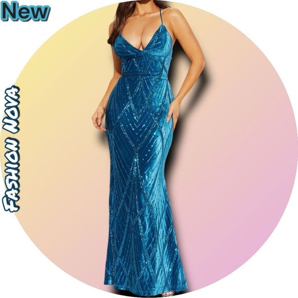 New NWT Fashion nova Aurora Velvet Sequin Gown - Teal - Medium - Picture 1 of 4